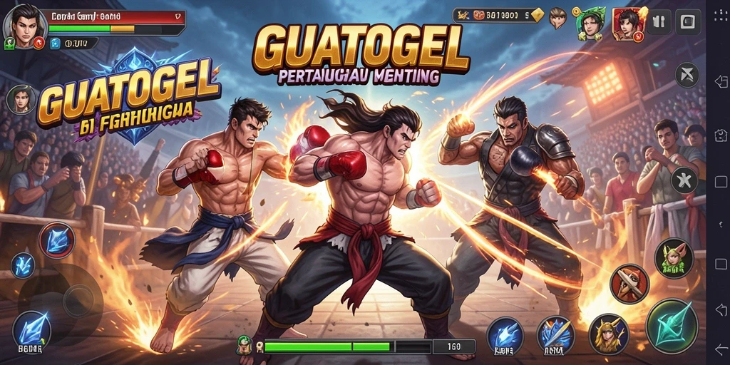 Screenshot GUATOGEL menunjukkan pertarungan seru dengan karakter beraneka ragam.