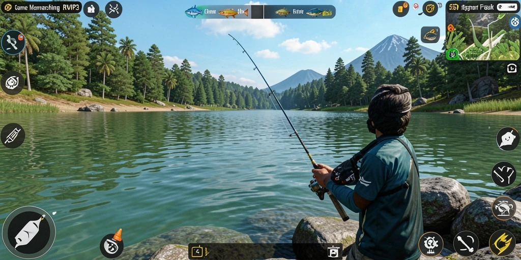 Tangkapan layar utama <strong>RVIP3</strong> menampilkan gameplay seru saat memancing di danau.